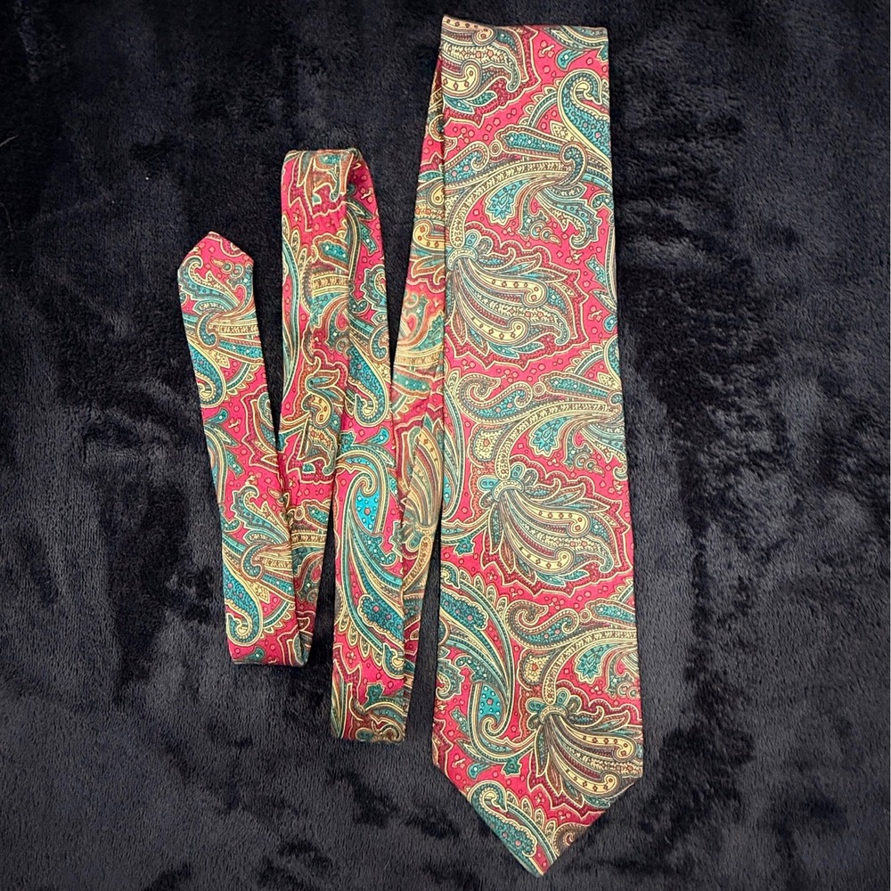 Vintage Halston Mens Necktie Italian Silk Designer Paisley USA‎ Classic Red Teal